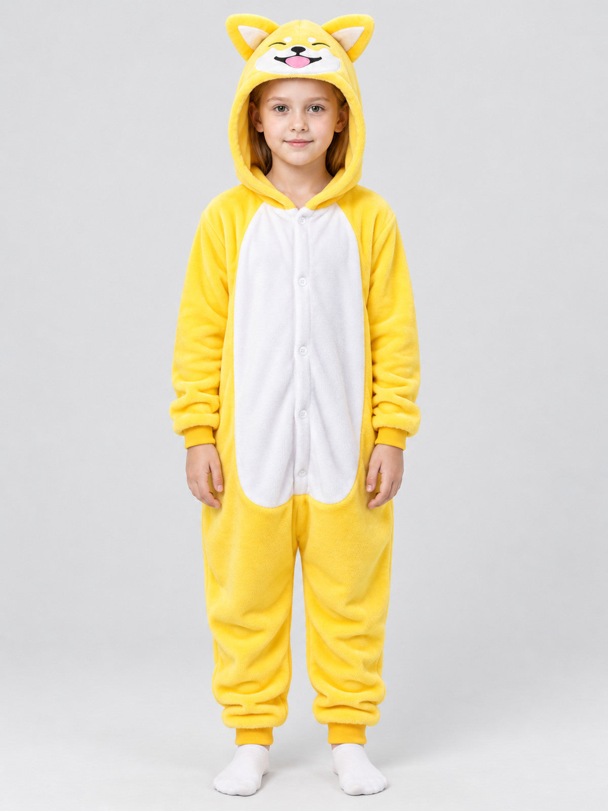 Yellow Flannel Pajama Jumpsuit with Hood and Ears
