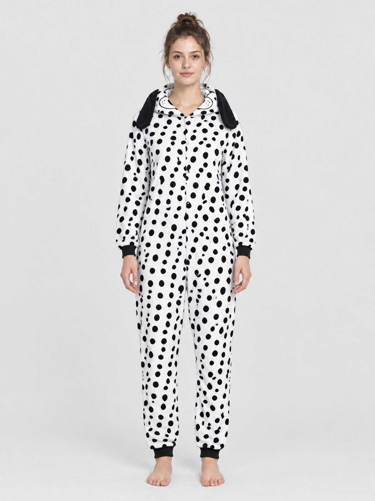 Pajama Jumpsuit with Dog-Face Hood and Black Spots