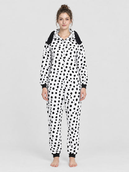 Pajama Jumpsuit with Dog-Face Hood and Black Spots