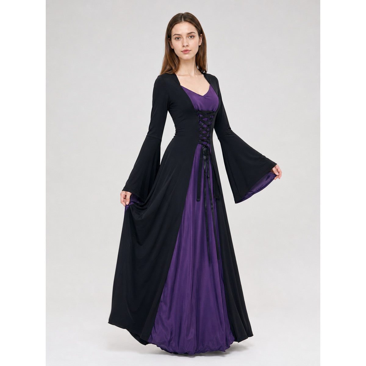 Gothic costume dress with corset lacing on-model alternate view
