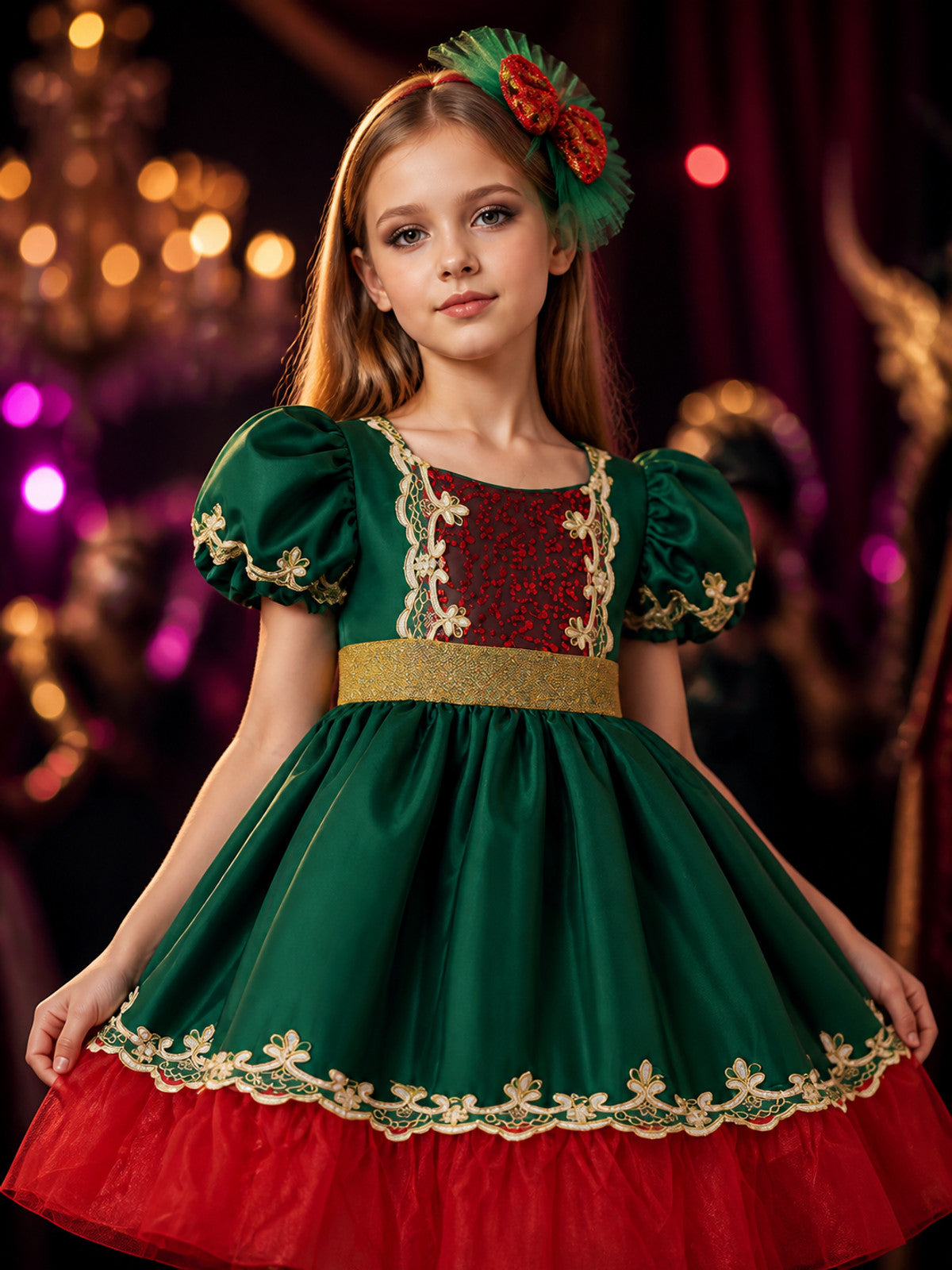 Girls' Christmas Princess Dress, Sequined Red and Green Tulle Party Outfit on-model view