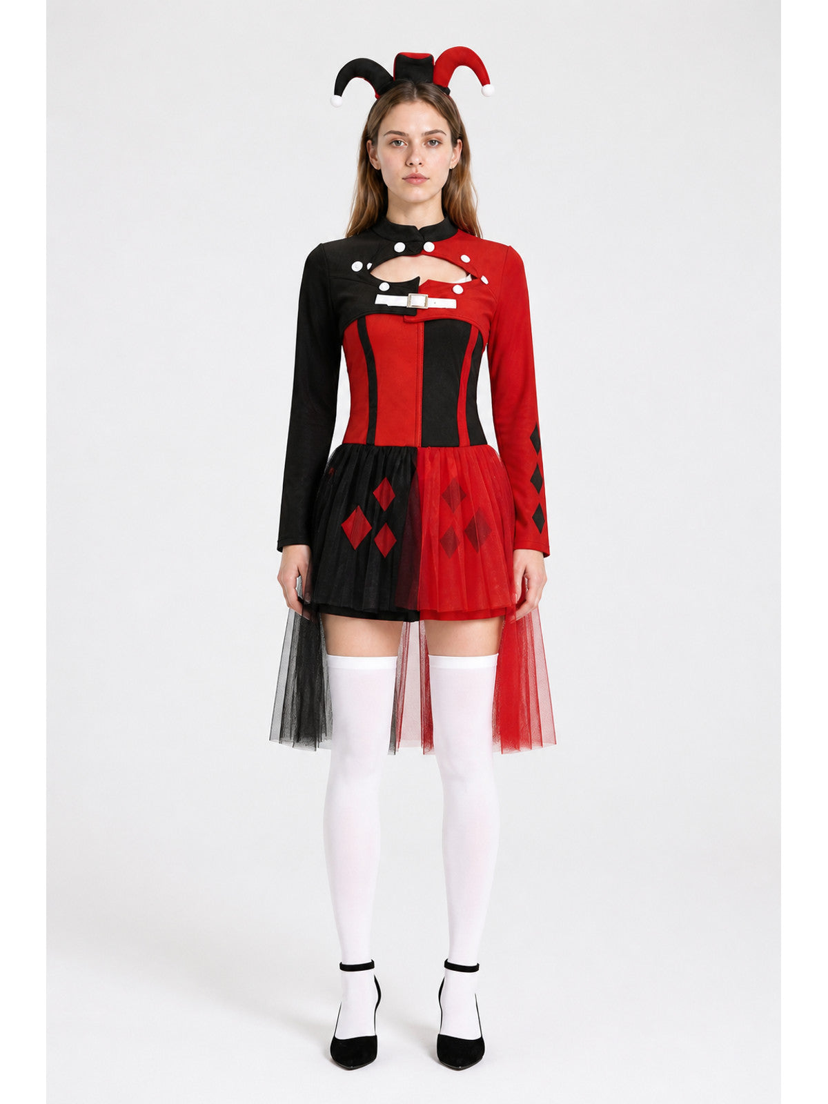Black and Red Circus Clown Costume with Long Sleeves main product view