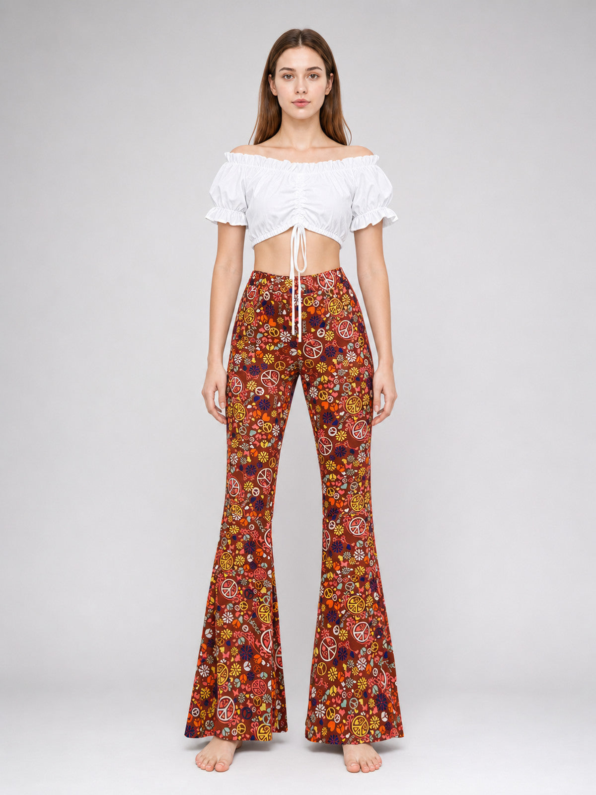 Hippie-Style Set: Flared Pants, Top, and Accessories front view