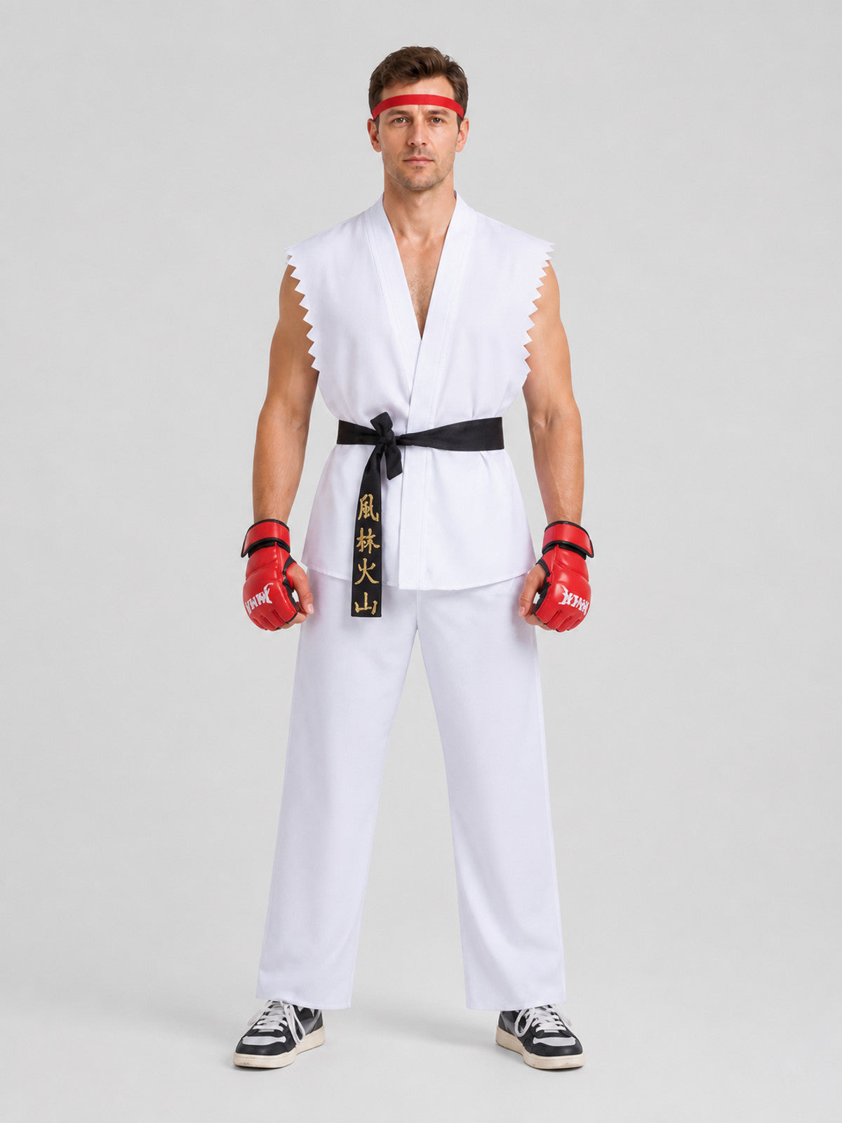 Street Fighter Fighter Cosplay Costume, Red/White on-model view