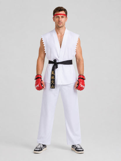 Street Fighter Fighter Cosplay Costume, Red/White on-model view