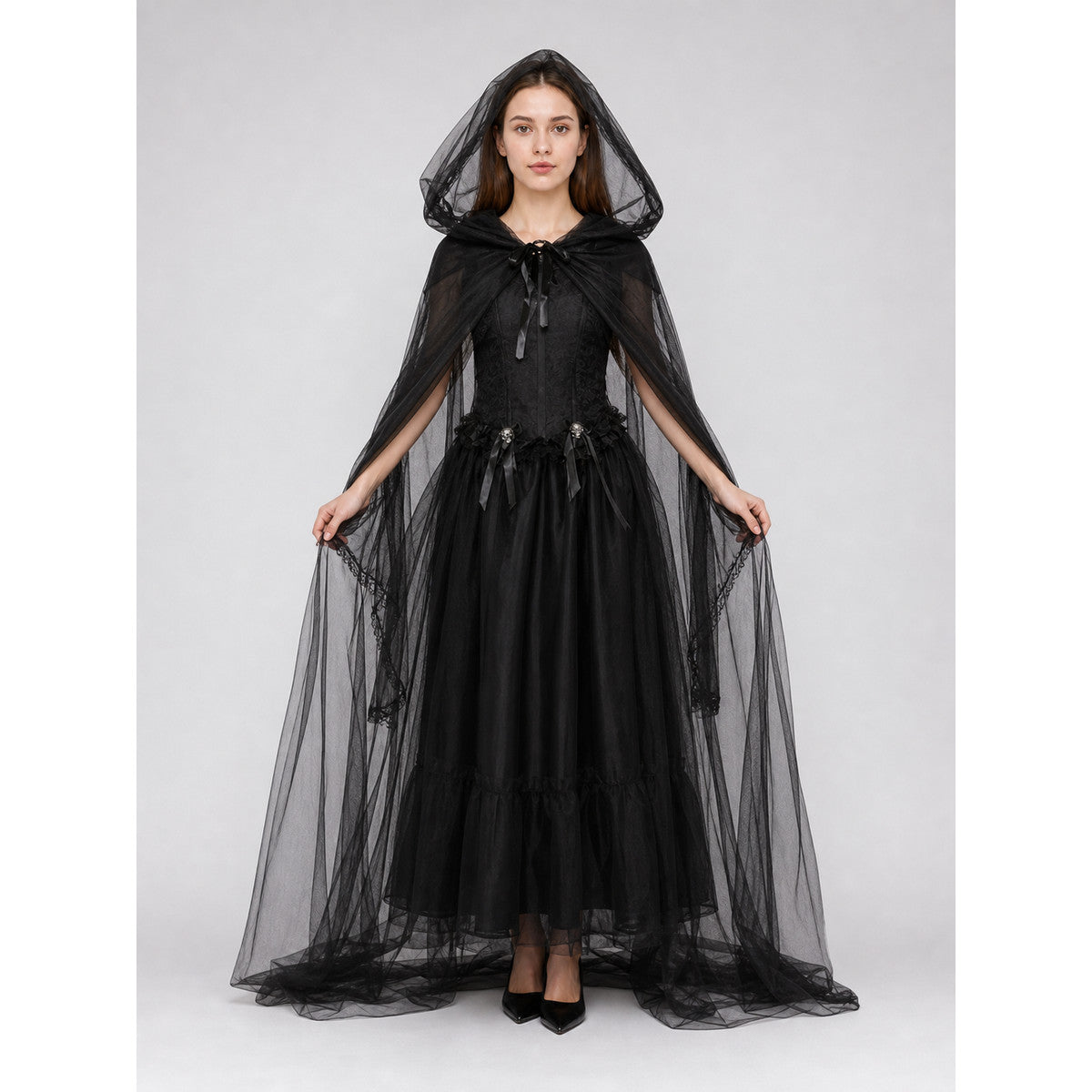 Vampire Costume: Long Hooded Dress with Cape