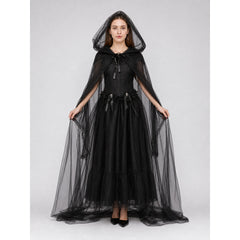 Women's Gothic Vampire Costume – Sleeveless Long Black Dress with Sheer Hooded Cape & Gloves