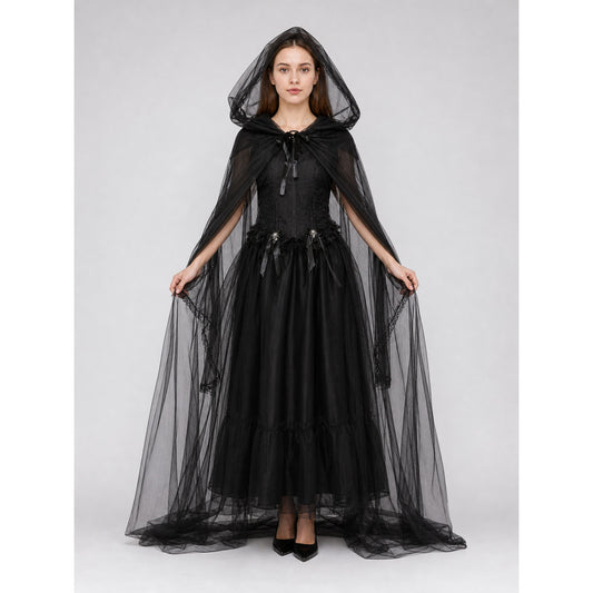 Vampire Costume: Long Hooded Dress with Cape on-model view