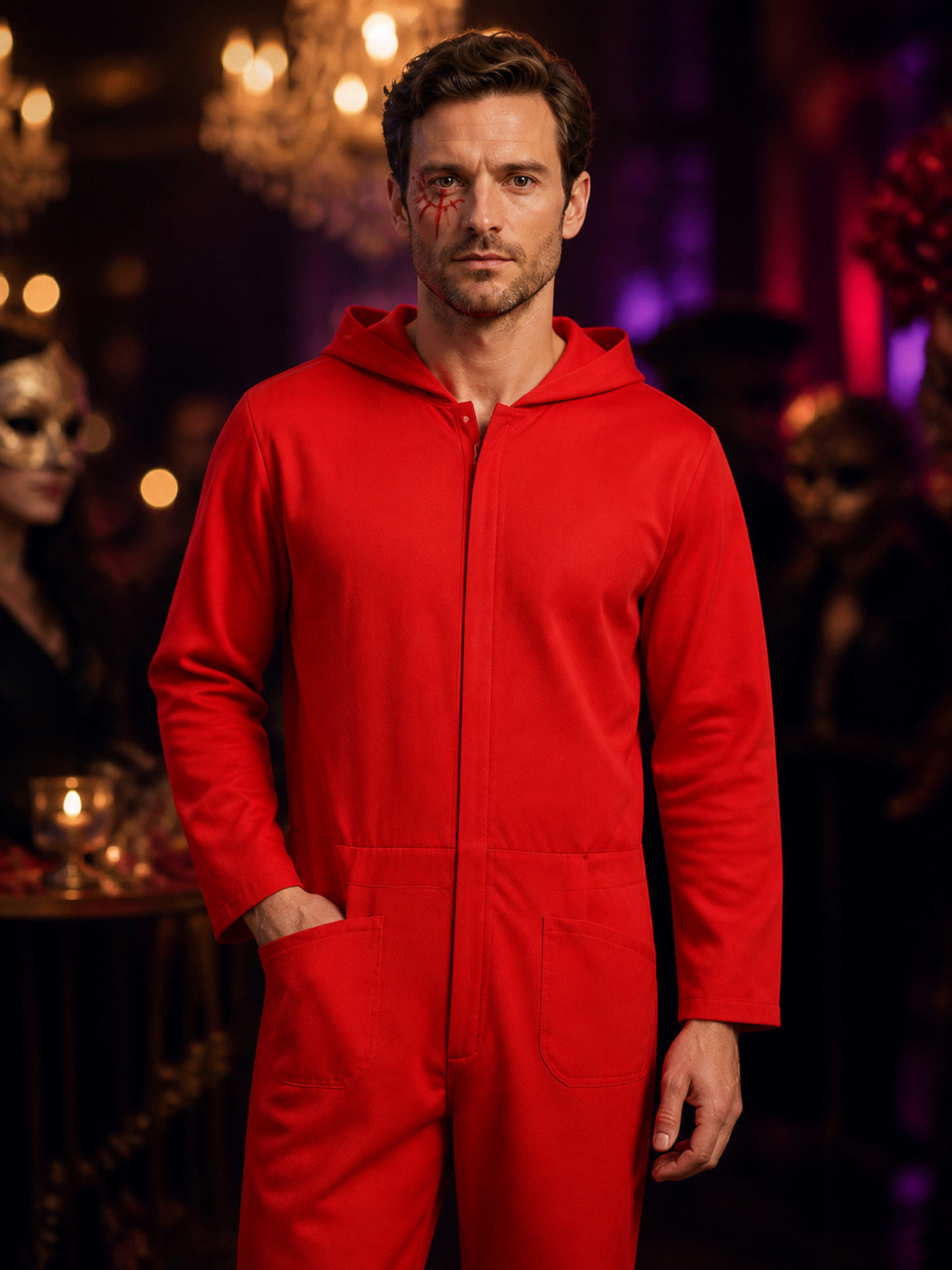 Red Dali Hooded Jumpsuit Costume, Long Sleeve Cosplay Outfit on-model view
