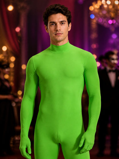 Kids Fluorescent Green Stretch Hooded Zentai Jumpsuit Halloween Costume on-model view