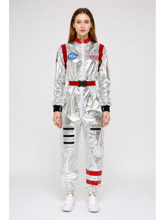 Women's Silver Astronaut Jumpsuit Costume with Red Trim and Space Patches
