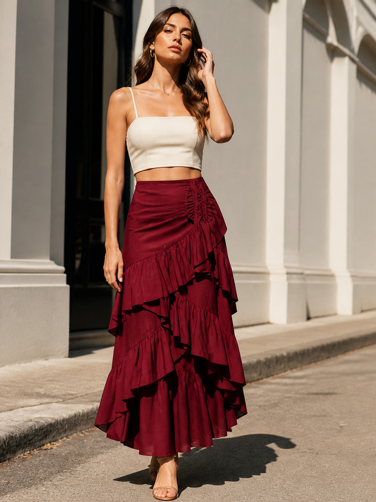 Burgundy Skirt with an Asymmetrical Tiered Flounce