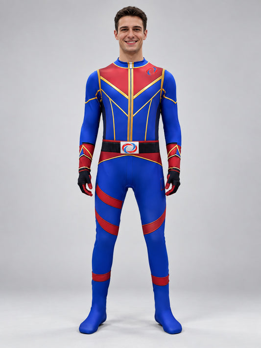 Blue Superhero Cosplay Costume with Red Inserts