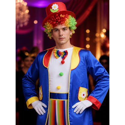 Adult Halloween Clown Circus Costume Set - Striped Jumpsuit, Jacket, Hat, Bow on-model view