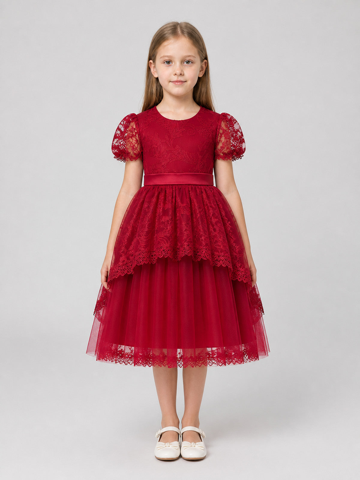 Burgundy Princess Dress for Girls with Lace and Bow