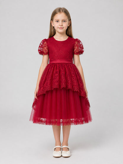 Burgundy Princess Dress for Girls with Lace and Bow