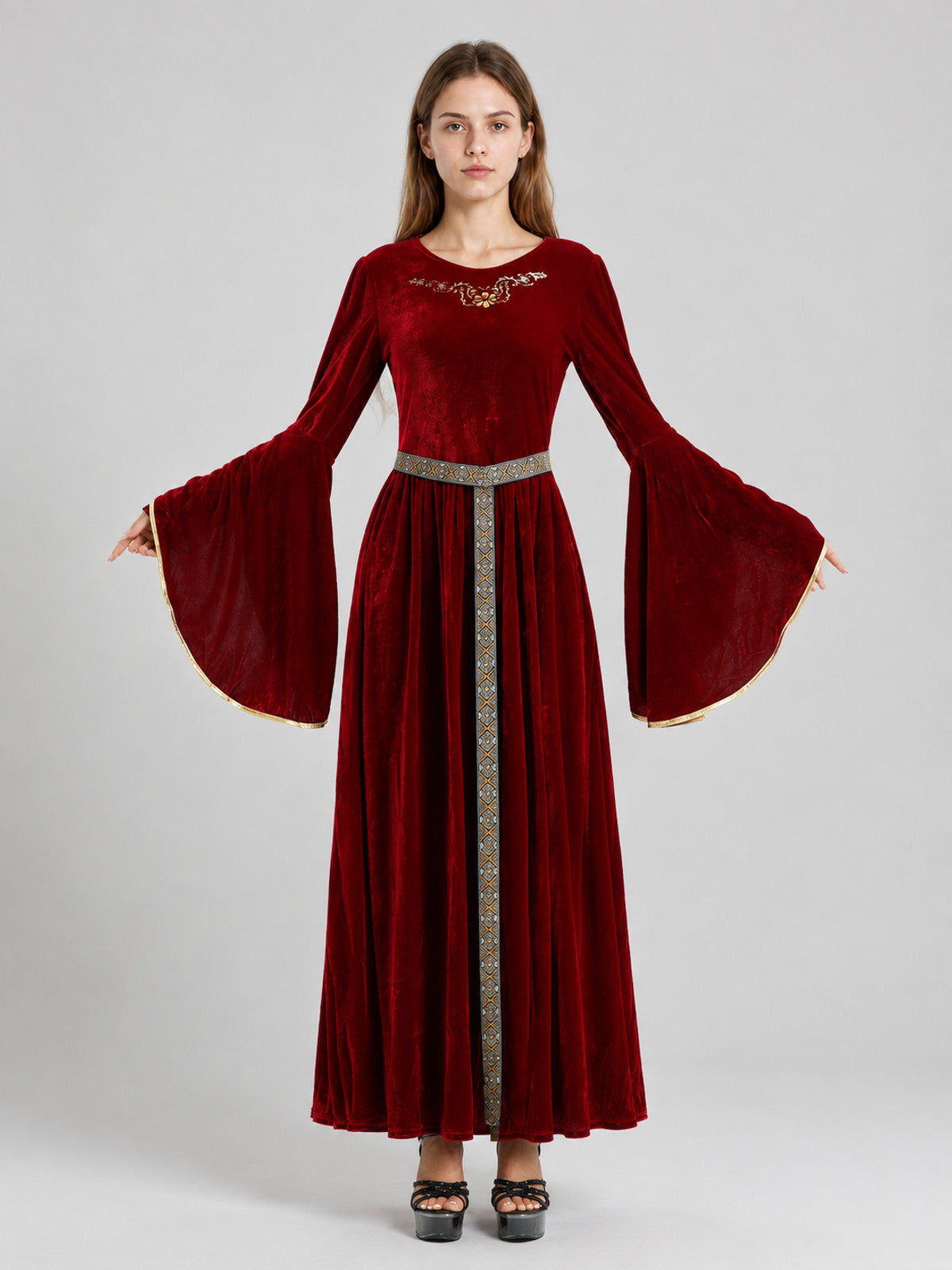 Burgundy Velvet Floor-Length Carnival Dress with Belt on-model view
