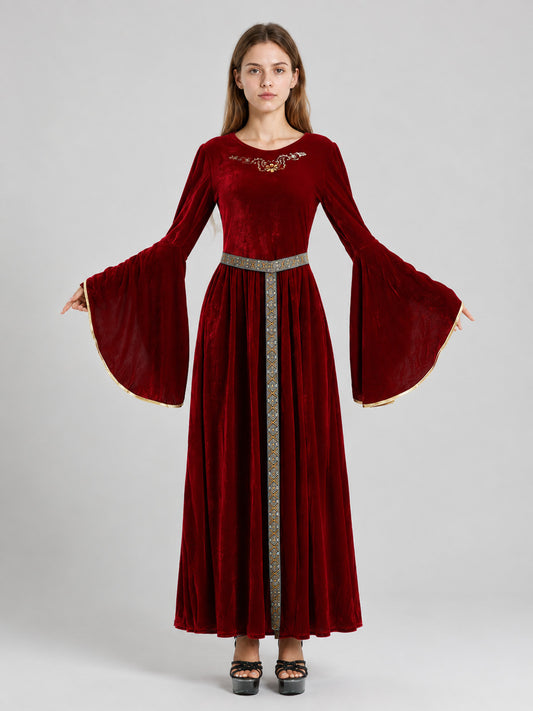 Burgundy Velvet Floor-Length Carnival Dress with Belt on-model view