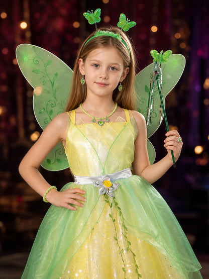 Girls Tiana Princess Costume Dress Set with Butterfly Wings and Sparkly Details on-model view