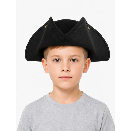 Classic Pirate Hat for Kids, Wide Tricorn Pirate Captain Hat with Raised Pointed Sides and Gold-Colored Accents for Halloween Costume, Dress-Up Play and Themed Parties