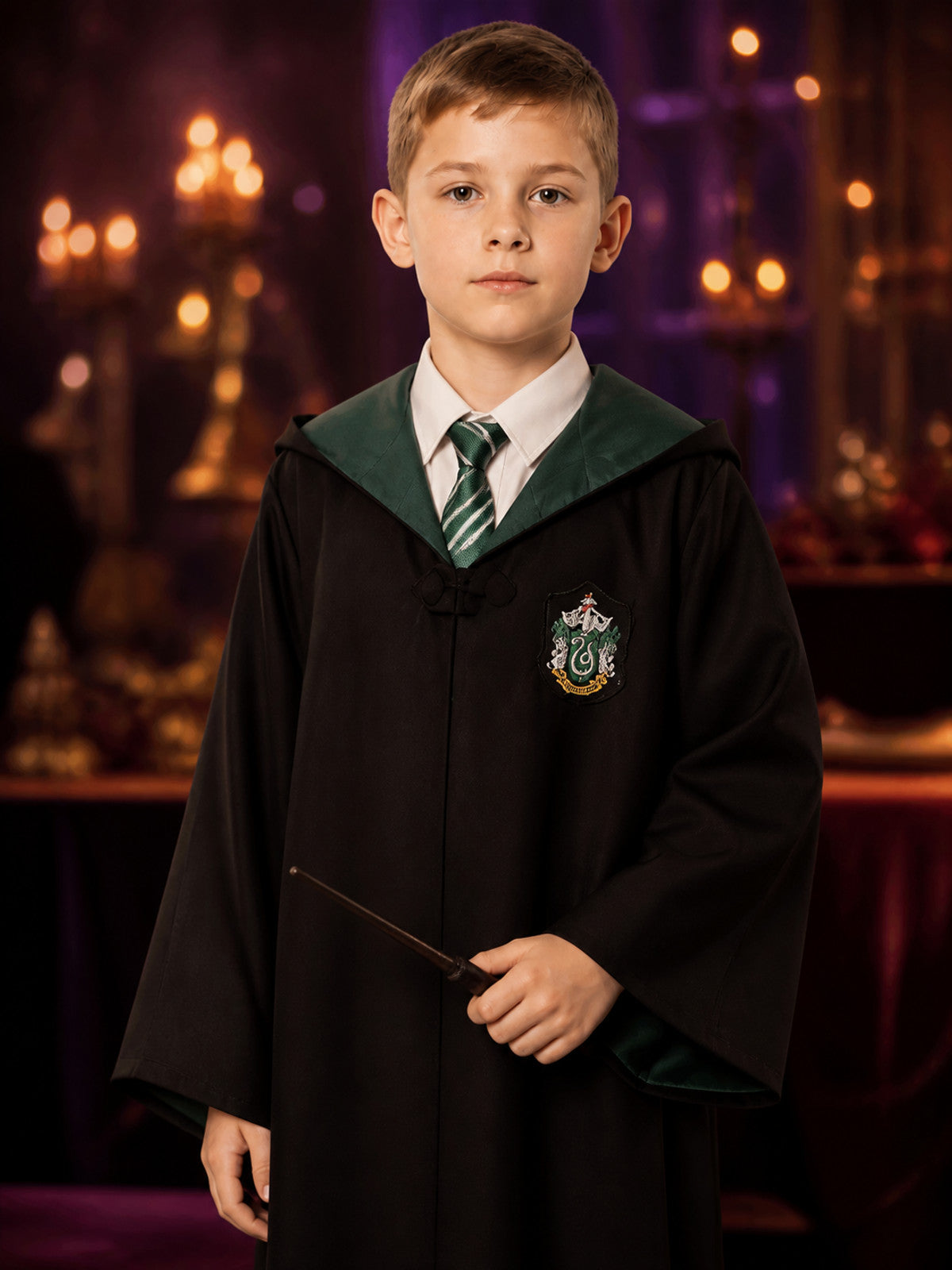 Deep Green Wizard Robe Costume Set, Hooded Button-Front Robe with Striped Tie on-model view