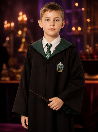 Deep Green Wizard Robe Costume Set, Hooded Button-Front Robe with Striped Tie on-model view