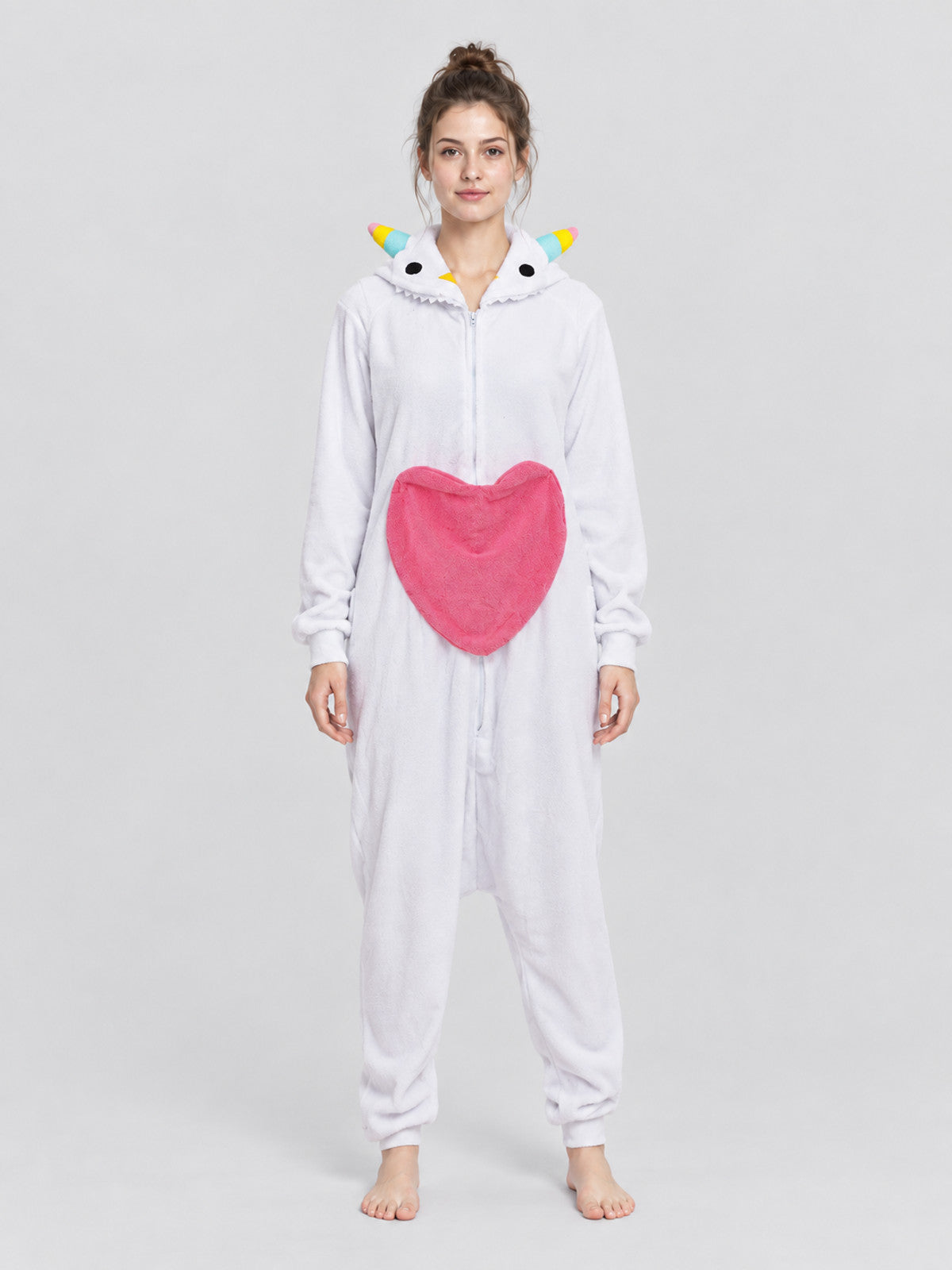 White Fleece Hooded Pajama Jumpsuit with Heart