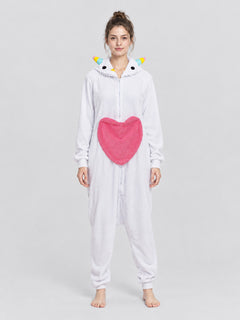 White Fleece Hooded Pajama Jumpsuit with Heart