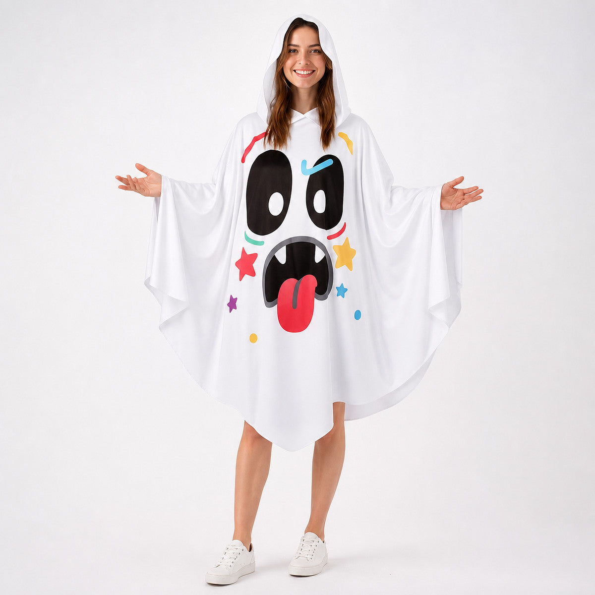 Halloween Ghost Costume Hooded Poncho with Cartoon Face Graphic, Wide Draped Sleeves and Multicolor Details for Costume Parties