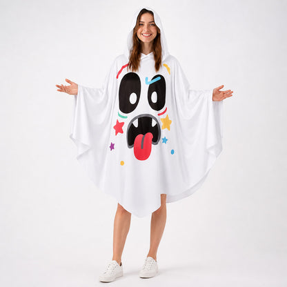 Halloween Ghost Costume Hooded Poncho with Cartoon Face Graphic, Wide Draped Sleeves and Multicolor Details for Costume Parties