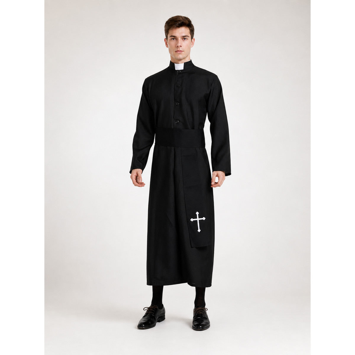 Men's Black Cassock with White Collar and Cross