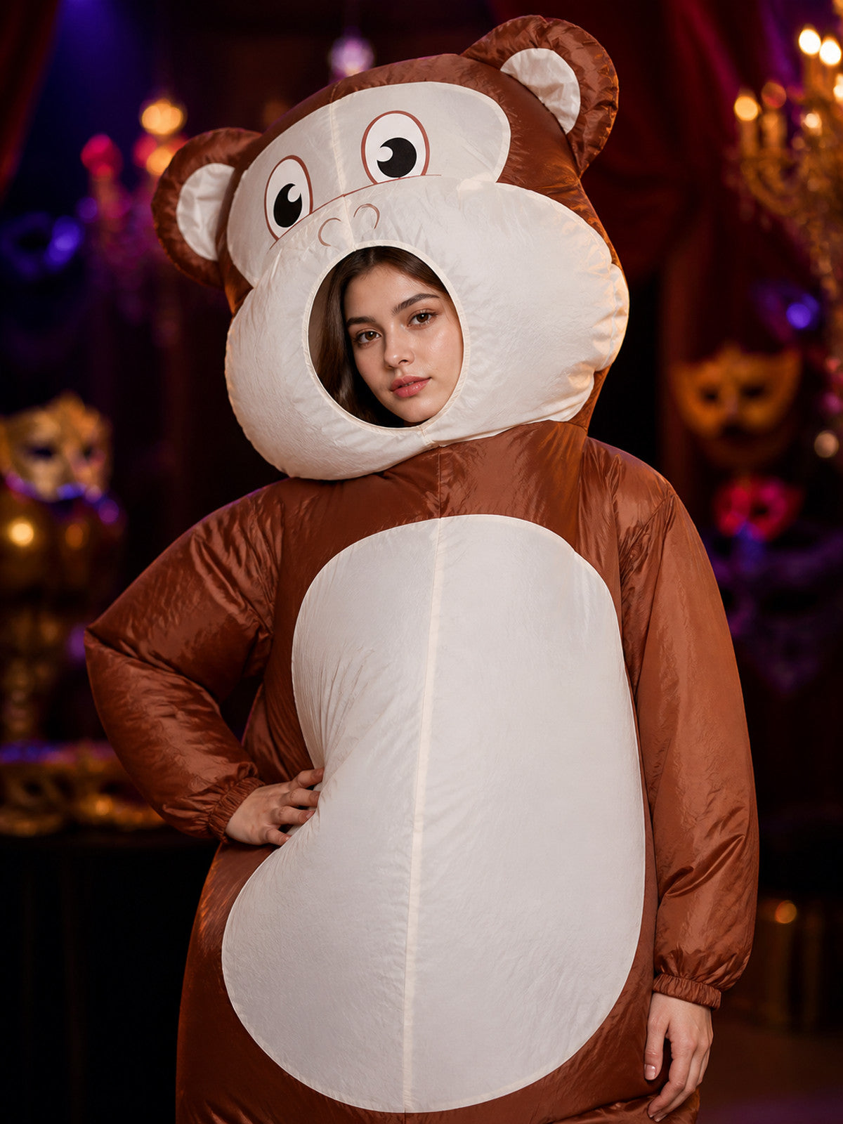 Customizable Inflatable Monkey Animal Onesie, Brown White Halloween Party on-model view