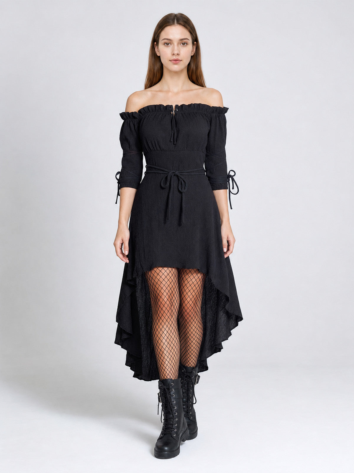 Black Off-the-Shoulder Lace-Up Dress on-model view