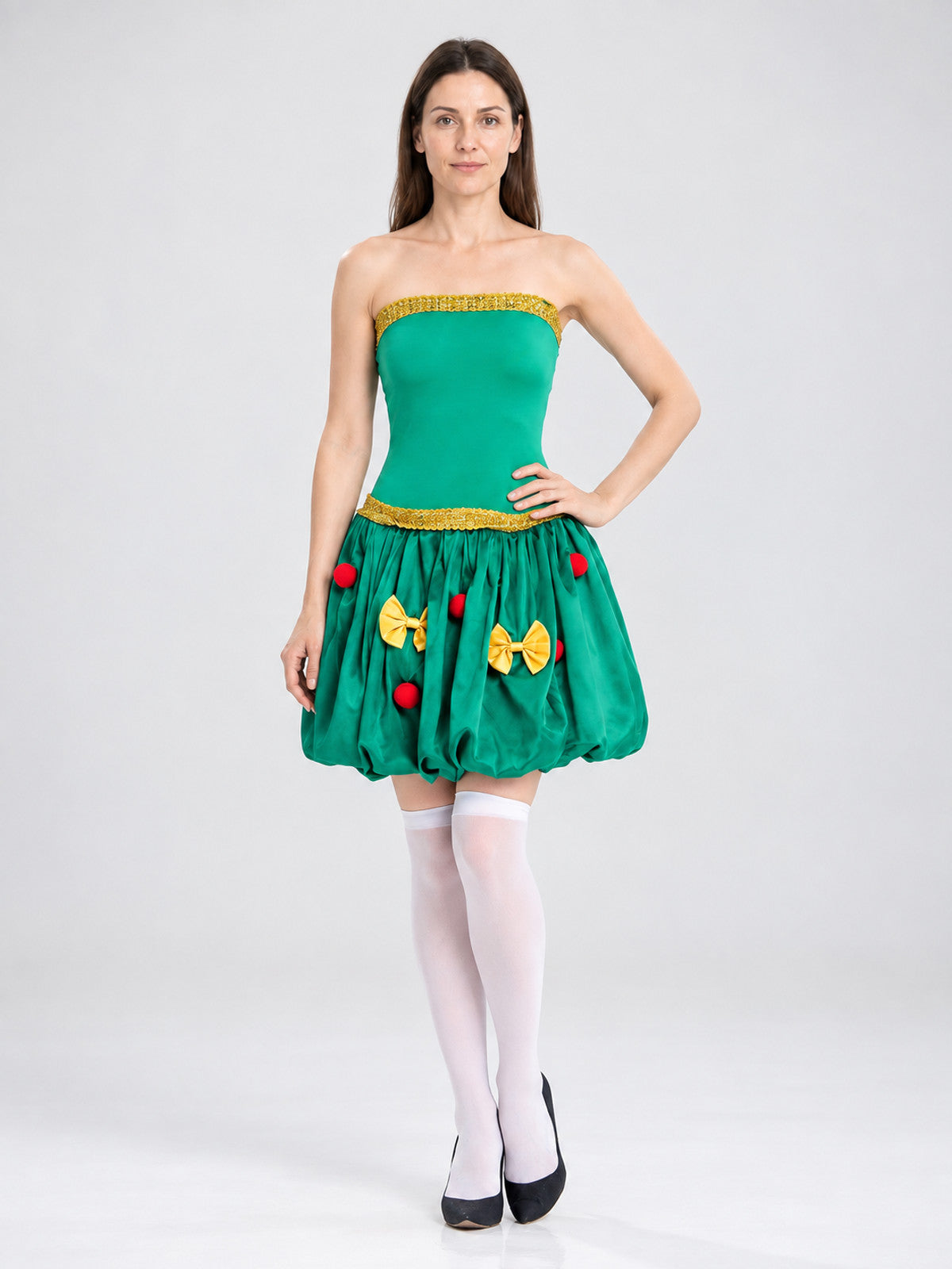 Green Carnival Dress with Bows and Pom-Poms on-model view