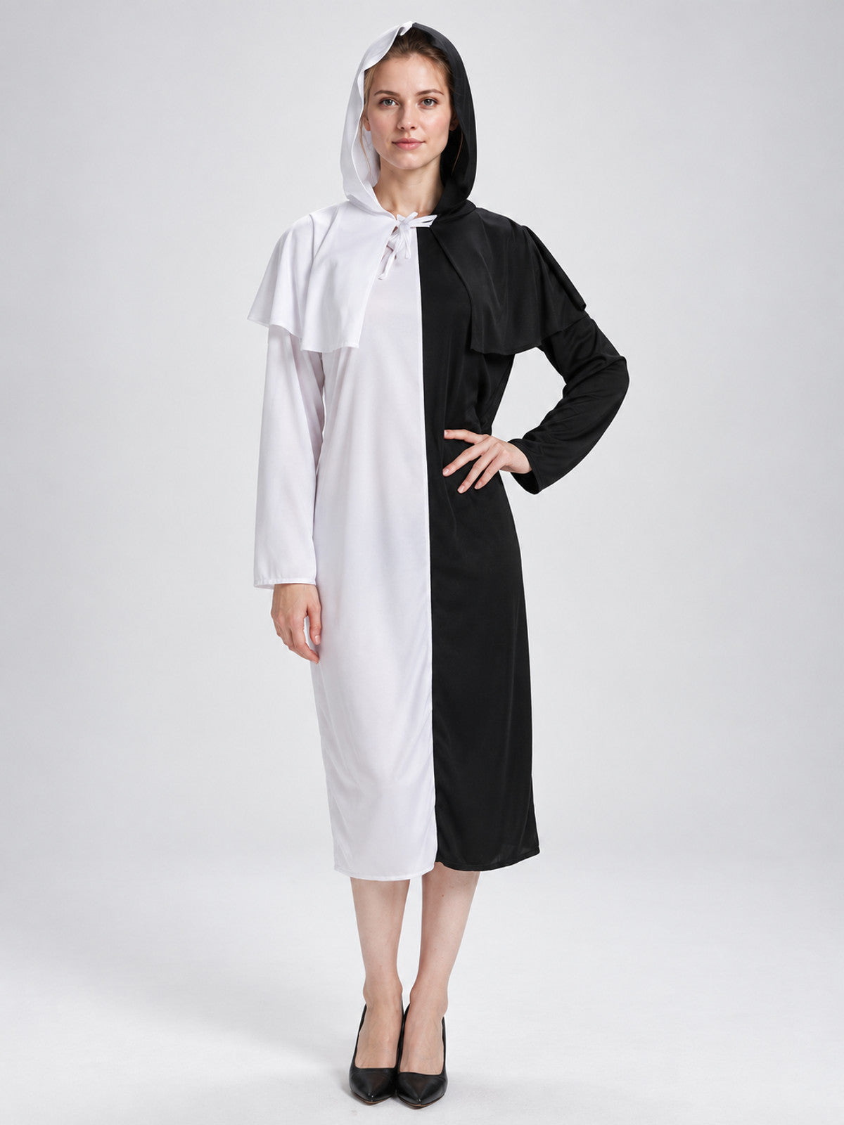 Black-and-White Hooded Costume Dress on-model view