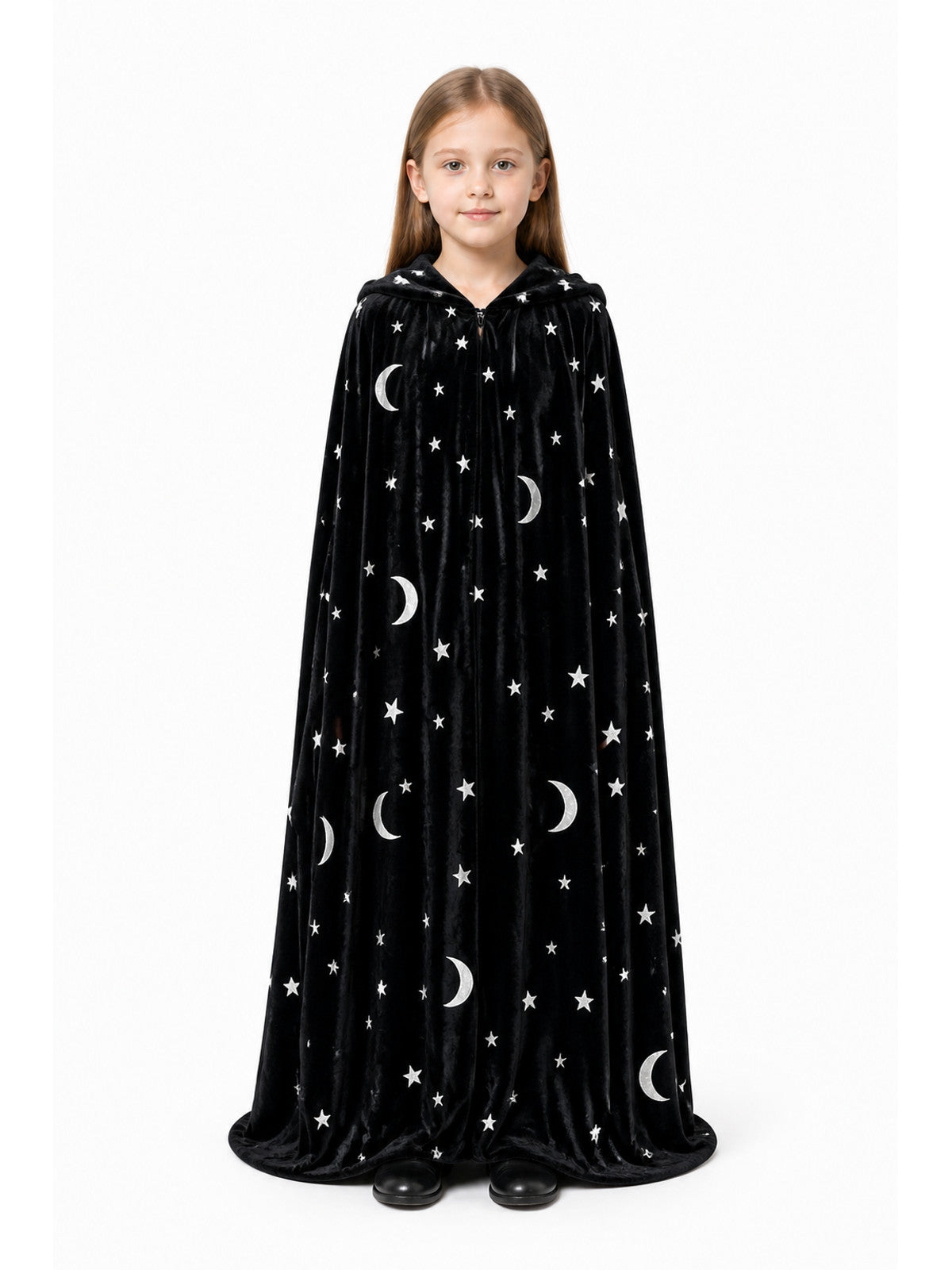 Black Hooded Long Cloak with Moon and Star Pattern