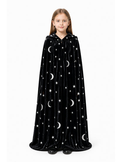 Black Hooded Long Cloak with Moon and Star Pattern