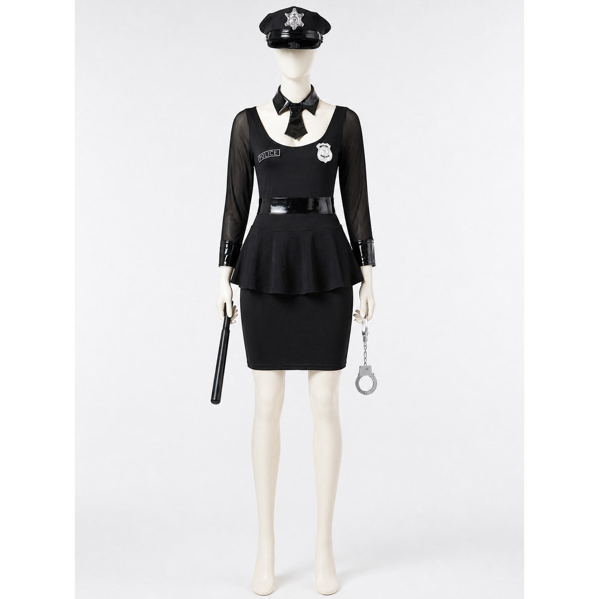 Women's Black Police Officer Costume Dress with Belt Hat Handcuffs Baton, Sexy on-model view