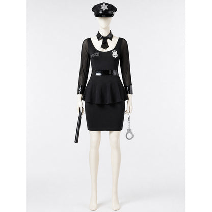 Women's Black Police Officer Costume Dress with Belt Hat Handcuffs Baton, Sexy on-model view