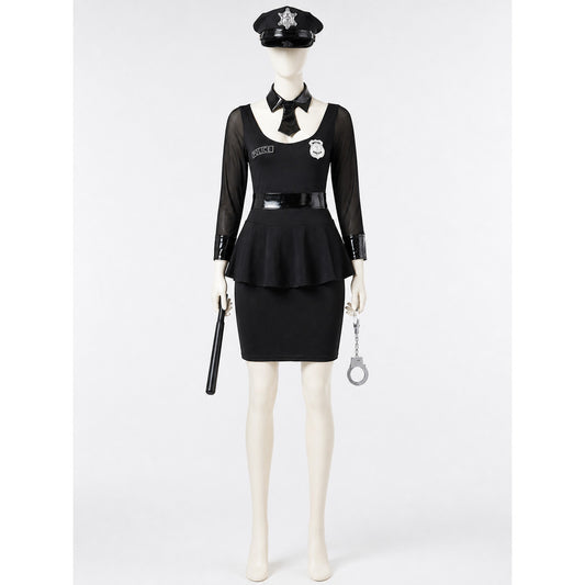 Women's Black Police Officer Costume Dress with Belt Hat Handcuffs Baton, Sexy on-model view