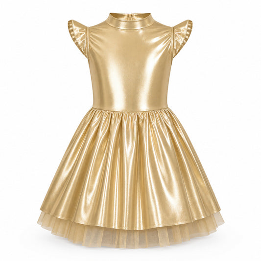 Children Girls Shiny Halloween Alien Cosplay Fancy Costume Space Robot Astronaut Galaxy Warrior Dress Up Leotards Tutu Dress - Color:Gold