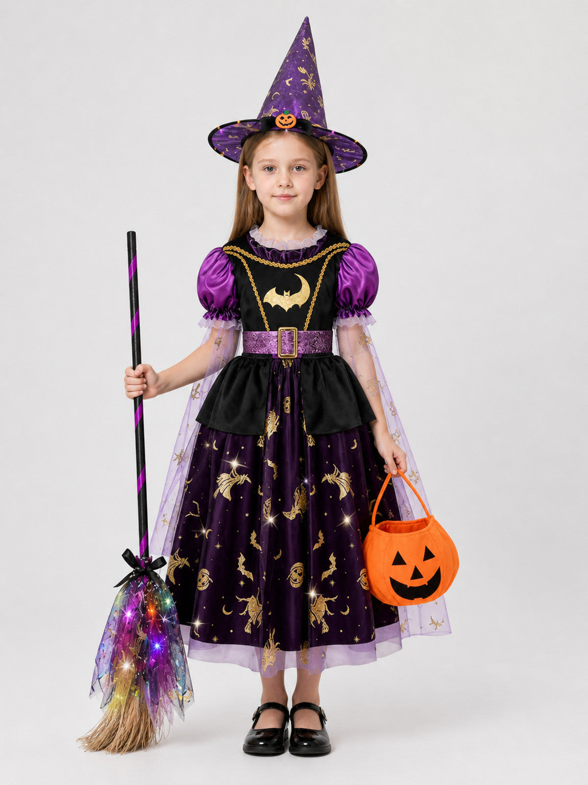 Witch Costume with Hat, Bag, and Broom on-model view