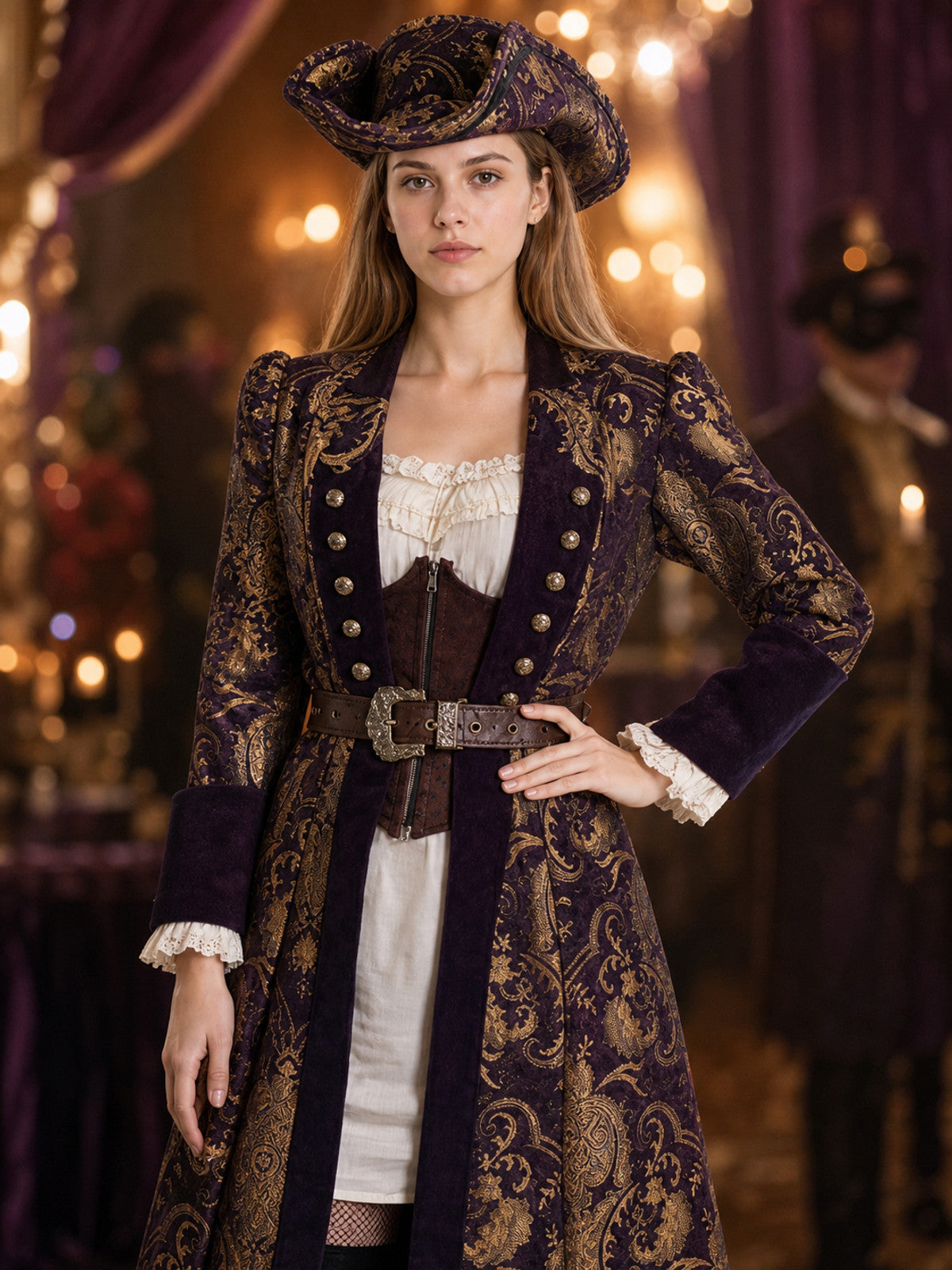 Adult Pirate Costume Set, Dark Purple And Gold Long Coat With Tricorn Hat, Waist on-model view