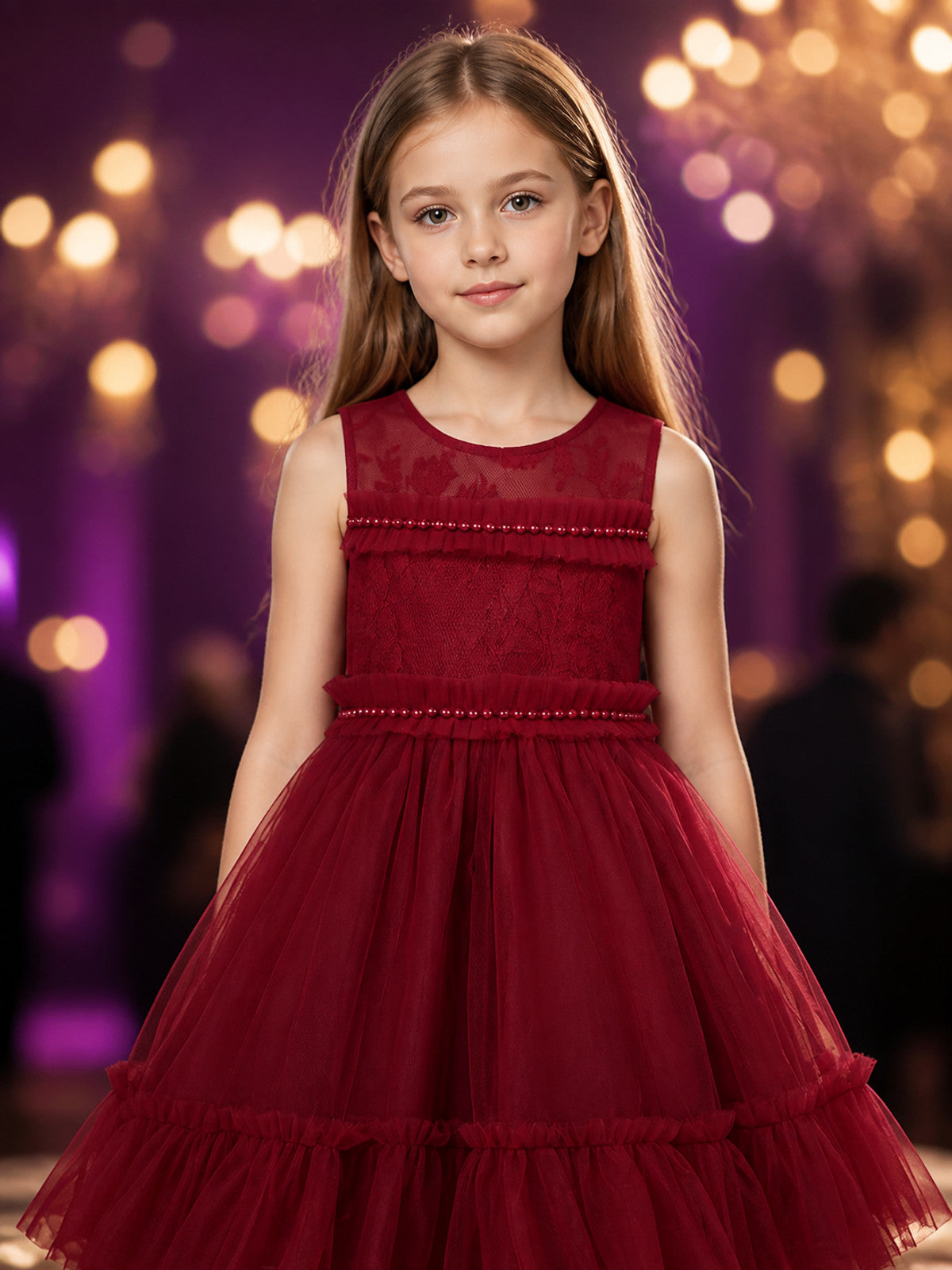 Girls' Burgundy Princess Formal Dress, Sleeveless Lace Bodice Rhinestone Tulle on-model view