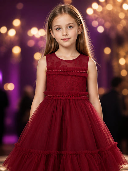 Girls' Burgundy Princess Formal Dress, Sleeveless Lace Bodice Rhinestone Tulle on-model view