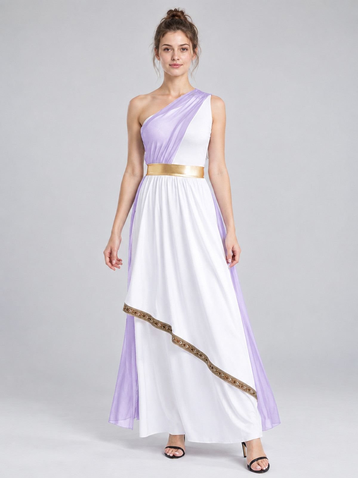 Floor-Length Sleeveless One-Shoulder Dress with Belt