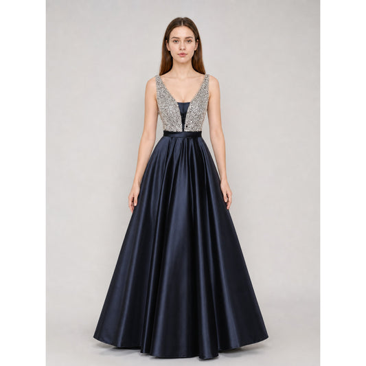 Elegant floor-length dress with a V-neckline on-model view