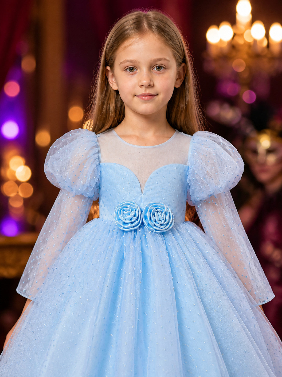 Girls' Light Blue Princess Dress With Puff Sleeves, Layered Tulle Skirt and on-model view