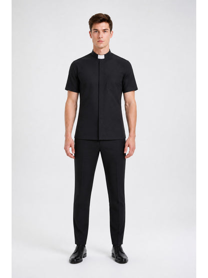 Black Short-Sleeve Shirt with Stand Collar main product view