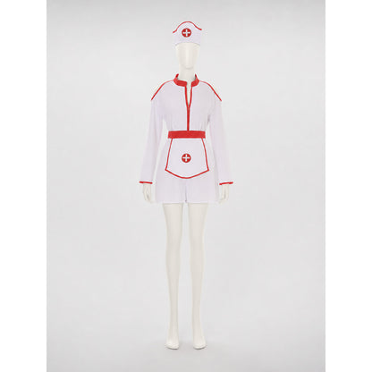 Nurse costume presented in a white-and-red color scheme and designed as a one-piece outfit with long sleeves and shorts. The front features a red zipper, complemented by a red belt that accentuates the garment’s design. The white base is de
